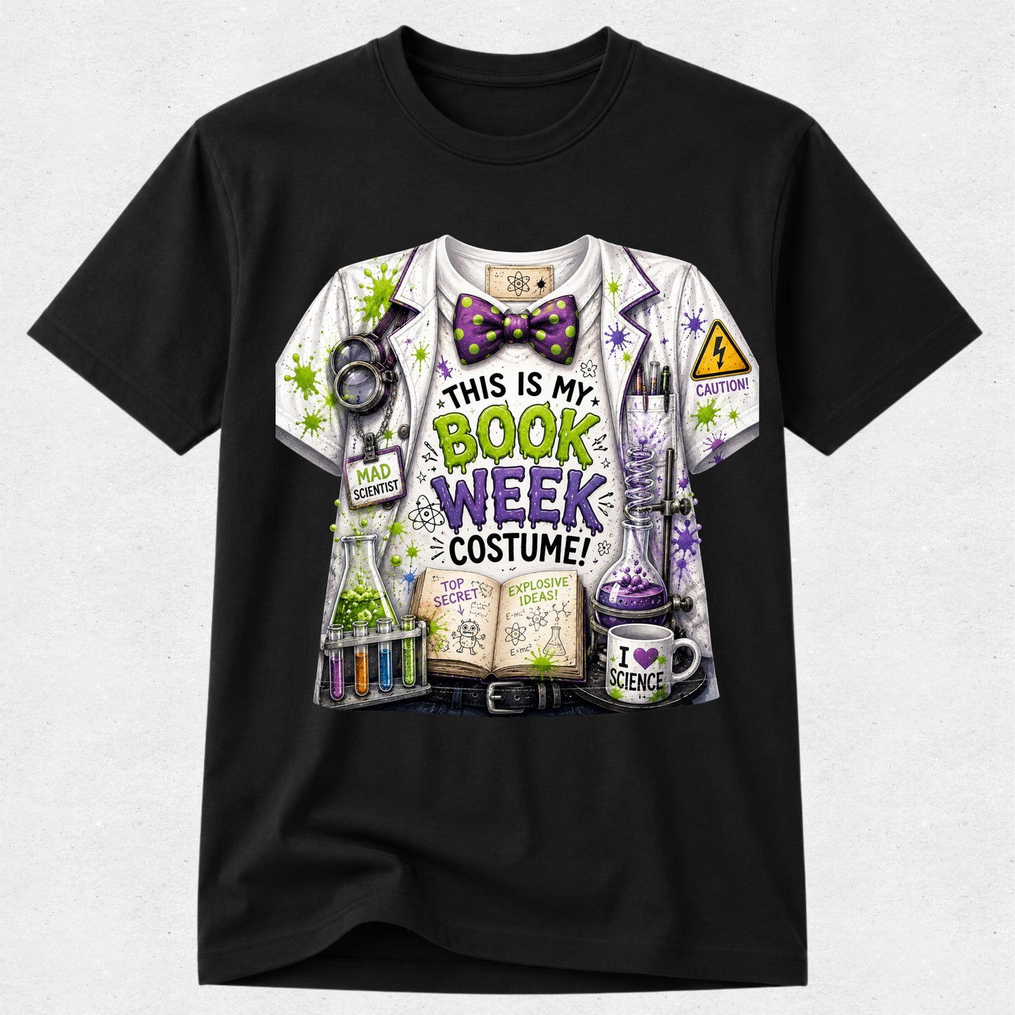 A black short-sleeve crewneck t-shirt featuring a detailed graphic print of a white lab coat dressed in a science teacher costume with purple and green accents, text reading 'THIS IS MY BOOK WEEK COSTUME!', and illustrated lab equipment.