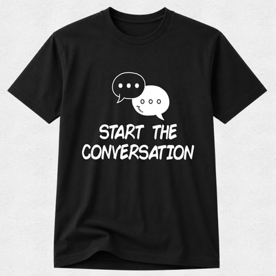 A black short-sleeve crewneck t-shirt with a white graphic of two speech bubbles and the text 'START THE CONVERSATION' printed on the front, displayed against a light gray textured background.