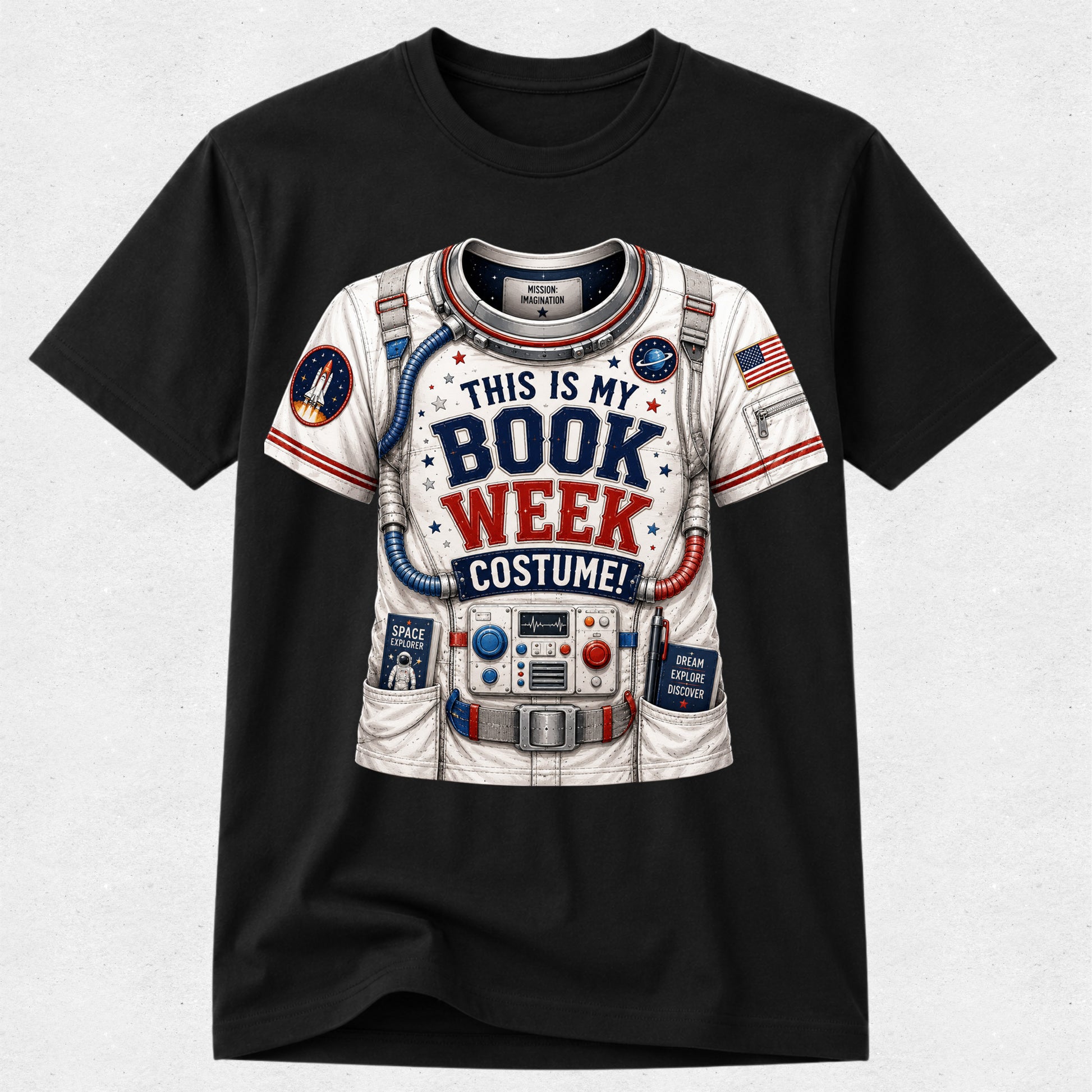 A black short-sleeve crewneck t-shirt featuring a detailed graphic of a white astronaut costume printed with the text 'THIS IS MY BOOK WEEK COSTUME!' in red, white, and blue.