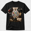 A black short-sleeve crewneck t-shirt featuring a large graphic print on the front. The graphic depicts a bookish fantasy costume with a black dragon, books, a skull, and the text 'THIS IS MY BOOK WEEK COSTUME!'.