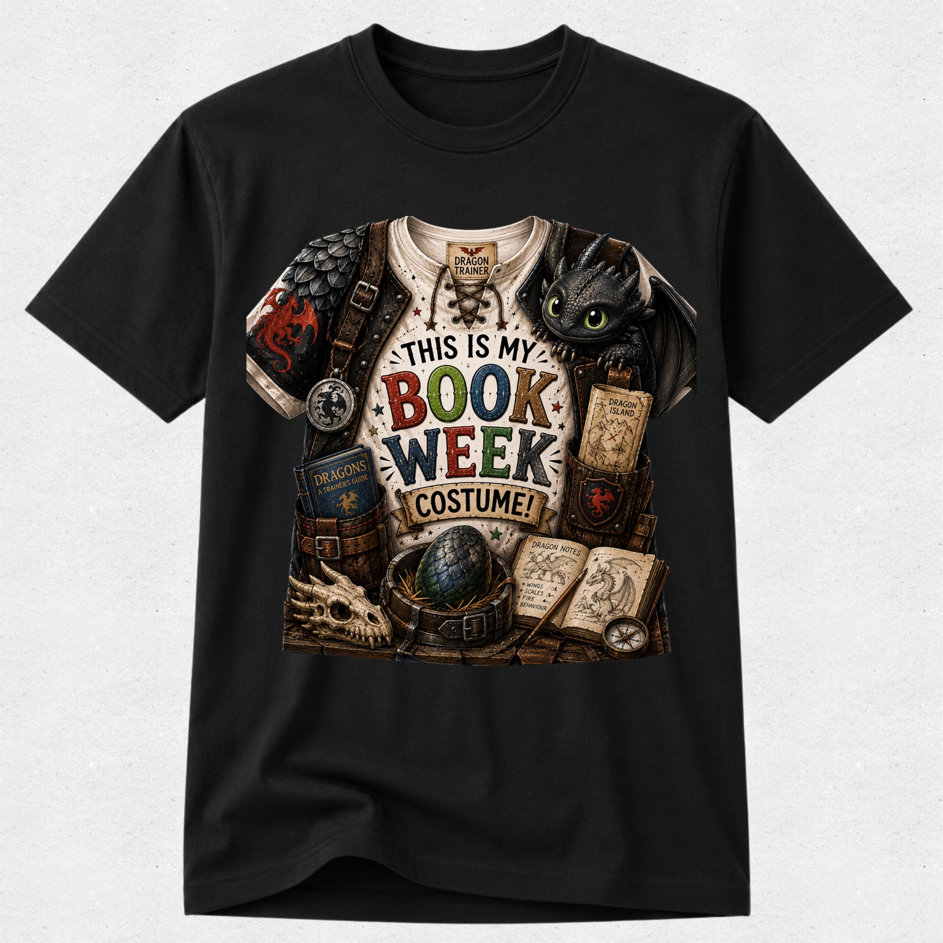 A black short-sleeve crewneck t-shirt featuring a large graphic print on the front. The graphic depicts a bookish fantasy costume with a black dragon, books, a skull, and the text 'THIS IS MY BOOK WEEK COSTUME!'.