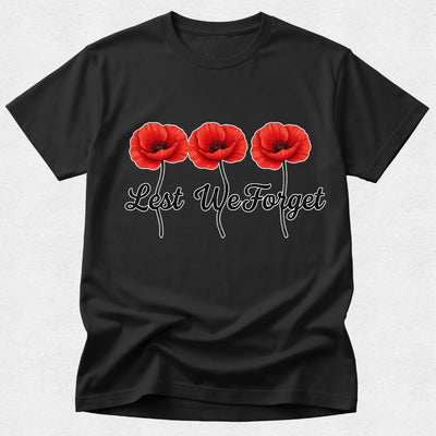 Black t-shirt with red poppies and 'Lest We Forget' text on a white background