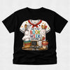 A black short-sleeve crewneck t-shirt featuring a colorful graphic print of a book-themed chef costume. The graphic includes a white chef shirt with a red neckerchief, a white chef's hat, a stack of books, utensils, and the text 'THIS IS MY BOOK WEEK COSTUME!'.