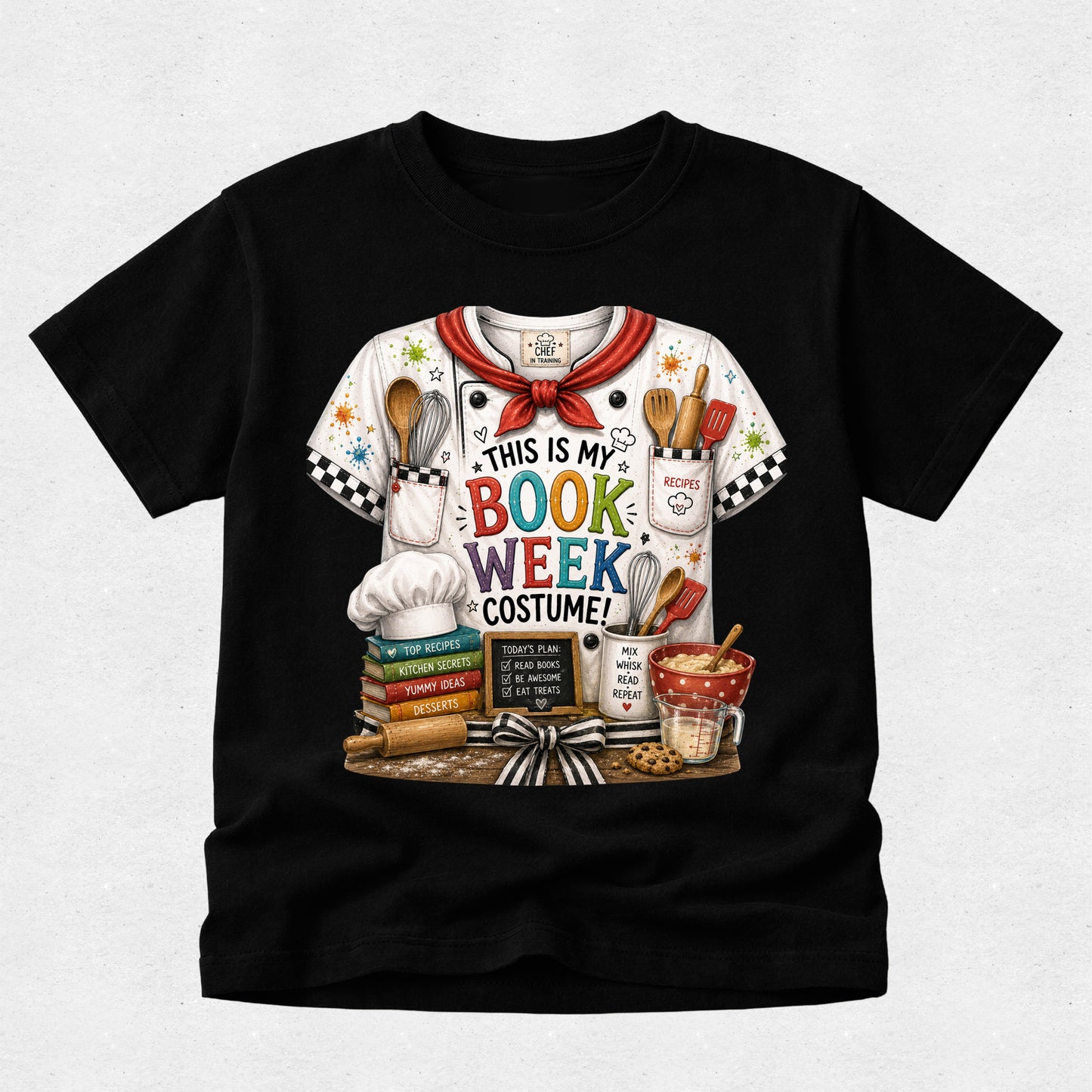 A black short-sleeve crewneck t-shirt featuring a colorful graphic print of a book-themed chef costume. The graphic includes a white chef shirt with a red neckerchief, a white chef's hat, a stack of books, utensils, and the text 'THIS IS MY BOOK WEEK COSTUME!'.