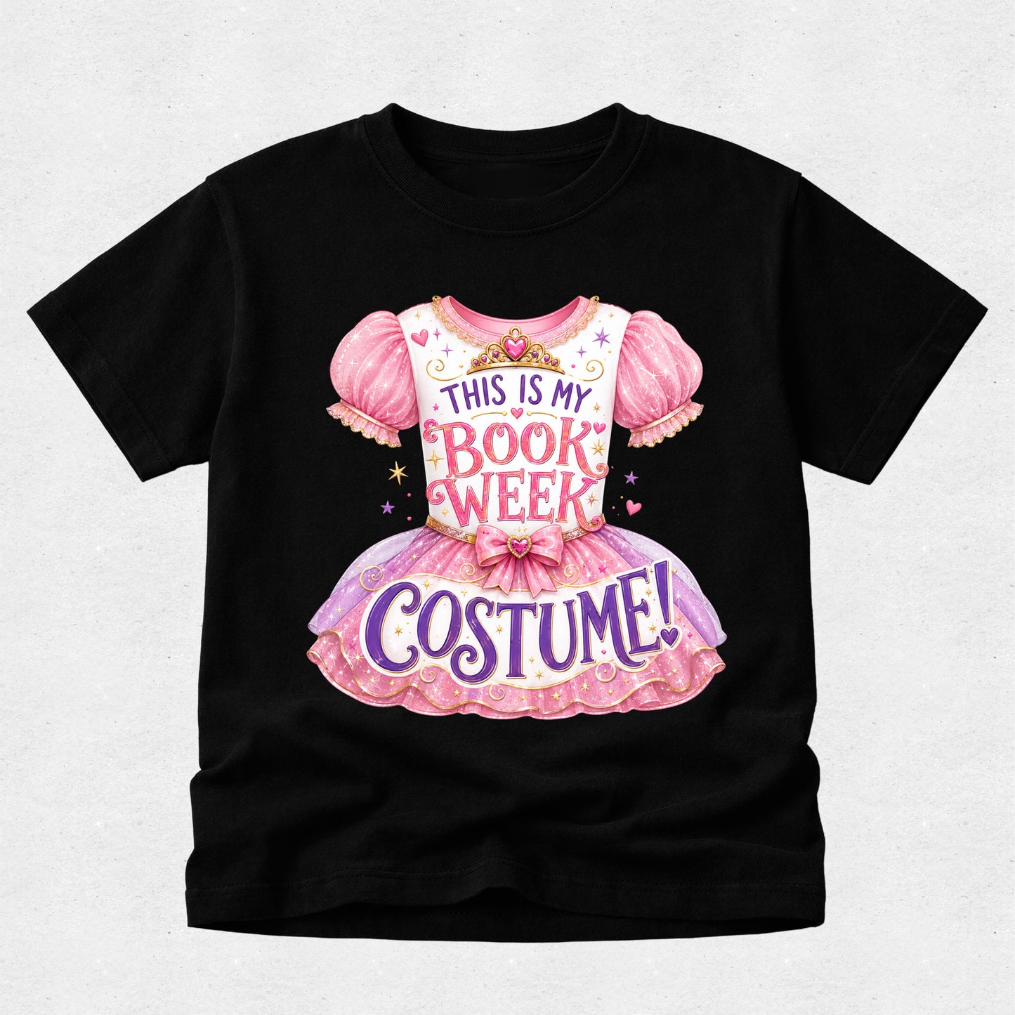 A black short-sleeve t-shirt with a graphic of a pink princess dress and the text 'THIS IS MY BOOK WEEK COSTUME!' printed on the front, displayed against a light gray background.