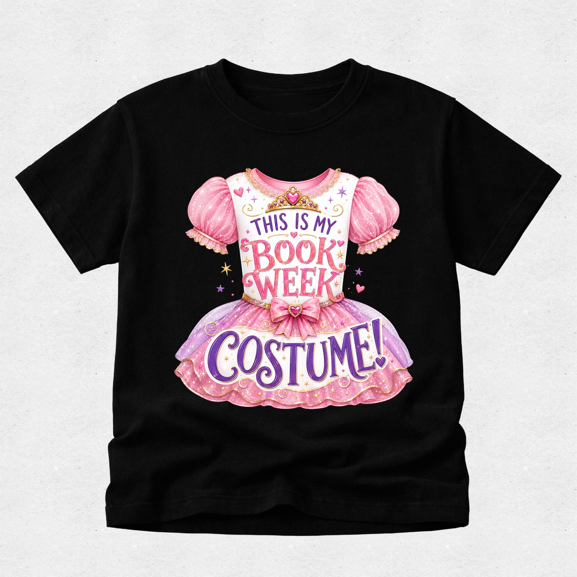 A black short-sleeve t-shirt with a graphic of a pink princess dress and the text 'THIS IS MY BOOK WEEK COSTUME!' printed on the front, displayed against a light gray background.