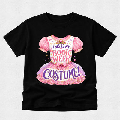 A black short-sleeve t-shirt with a graphic of a pink princess dress and the text 'THIS IS MY BOOK WEEK COSTUME!' printed on the front, displayed against a light gray background.