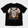 A black short-sleeve crewneck t-shirt featuring a detailed graphic print of a western book club costume. The graphic includes a cream shirt with blue accents, brown vest details, a blue bandana, and a large central text graphic reading 'THIS IS MY BOOK WEEK COSTUME!'.
