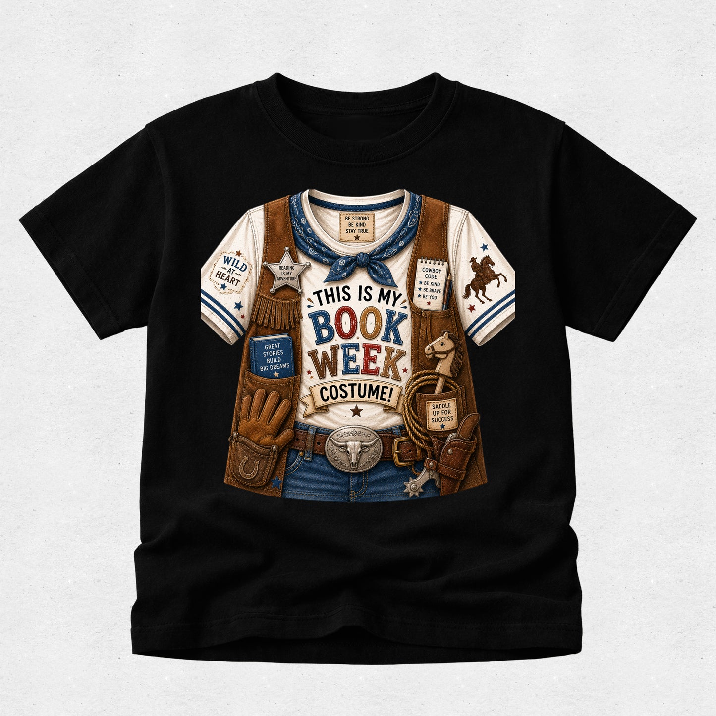 A black short-sleeve crewneck t-shirt featuring a detailed graphic print of a western book club costume. The graphic includes a cream shirt with blue accents, brown vest details, a blue bandana, and a large central text graphic reading 'THIS IS MY BOOK WEEK COSTUME!'.