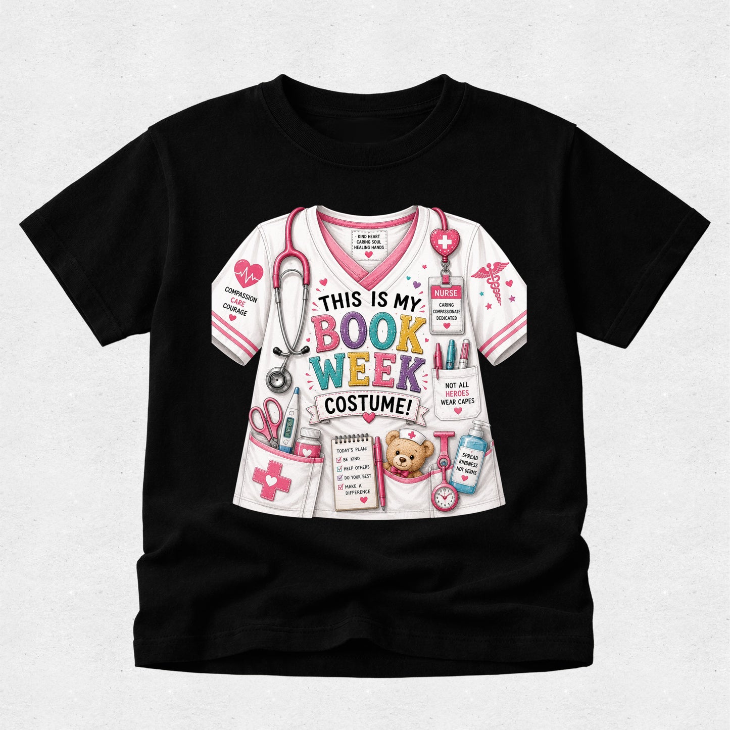 A black short-sleeve crewneck t-shirt featuring a colorful graphic print of a white medical costume shirt with the text 'THIS IS MY BOOK WEEK COSTUME!' and various book-themed illustrations.