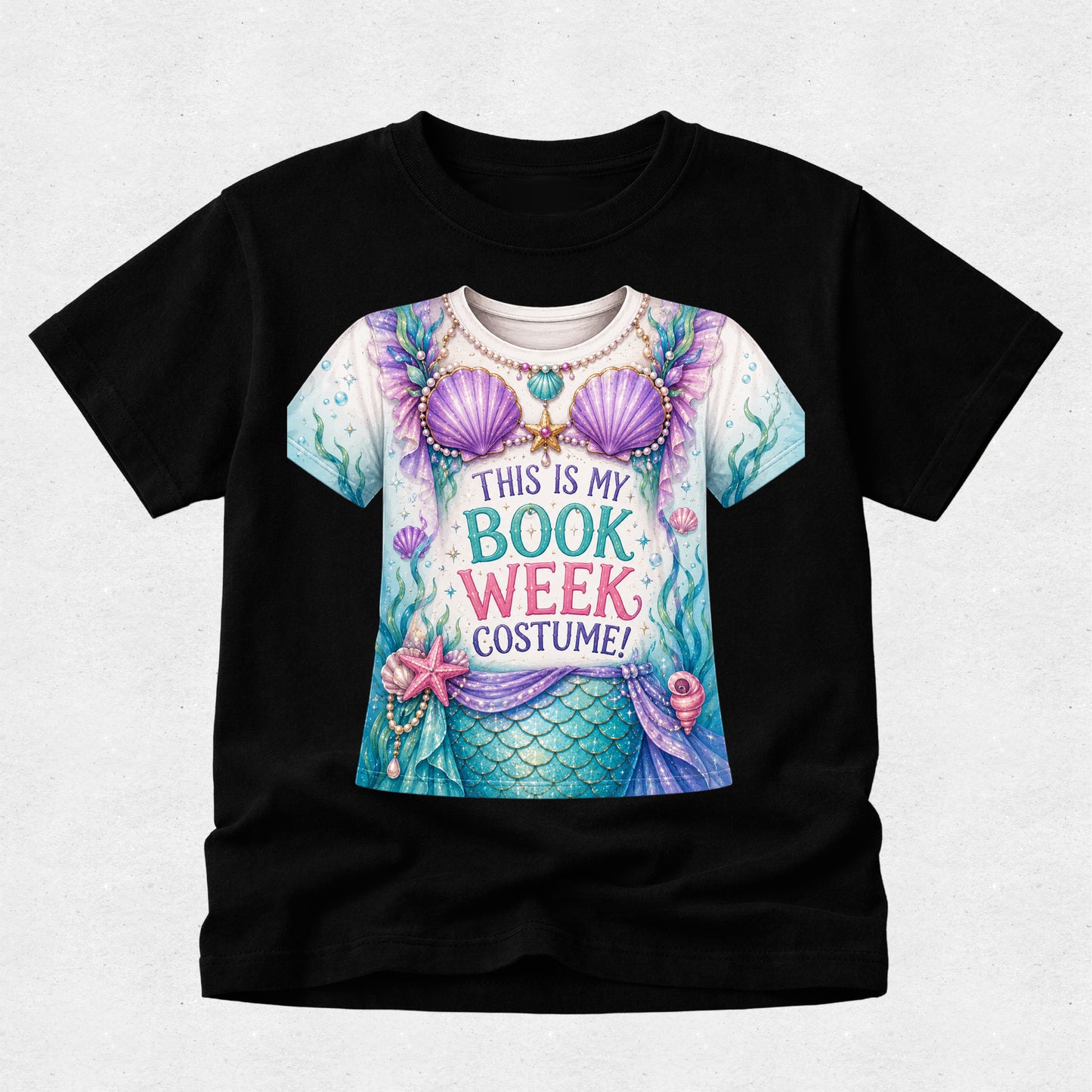 A black short-sleeve crewneck t-shirt featuring a colorful graphic of a mermaid costume with the text 'THIS IS MY BOOK WEEK COSTUME!' printed on the front.