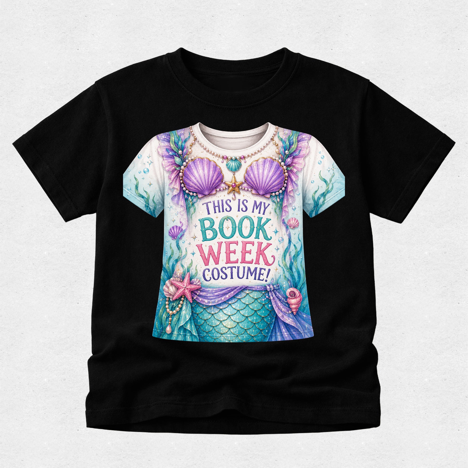 A black short-sleeve crewneck t-shirt featuring a colorful graphic of a mermaid costume with the text 'THIS IS MY BOOK WEEK COSTUME!' printed on the front.