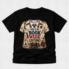 A black short-sleeve crewneck t-shirt featuring a graphic print of a detective's costume vest with the text 'THIS IS MY BOOK WEEK COSTUME!' in blue and red lettering.