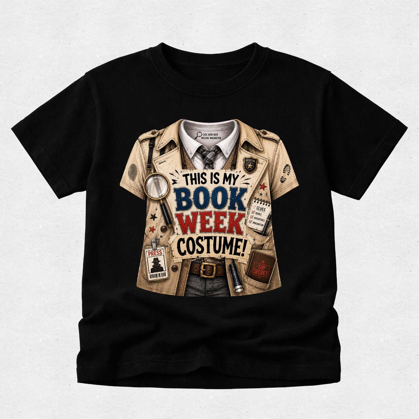 A black short-sleeve crewneck t-shirt featuring a graphic print of a detective's costume vest with the text 'THIS IS MY BOOK WEEK COSTUME!' in blue and red lettering.