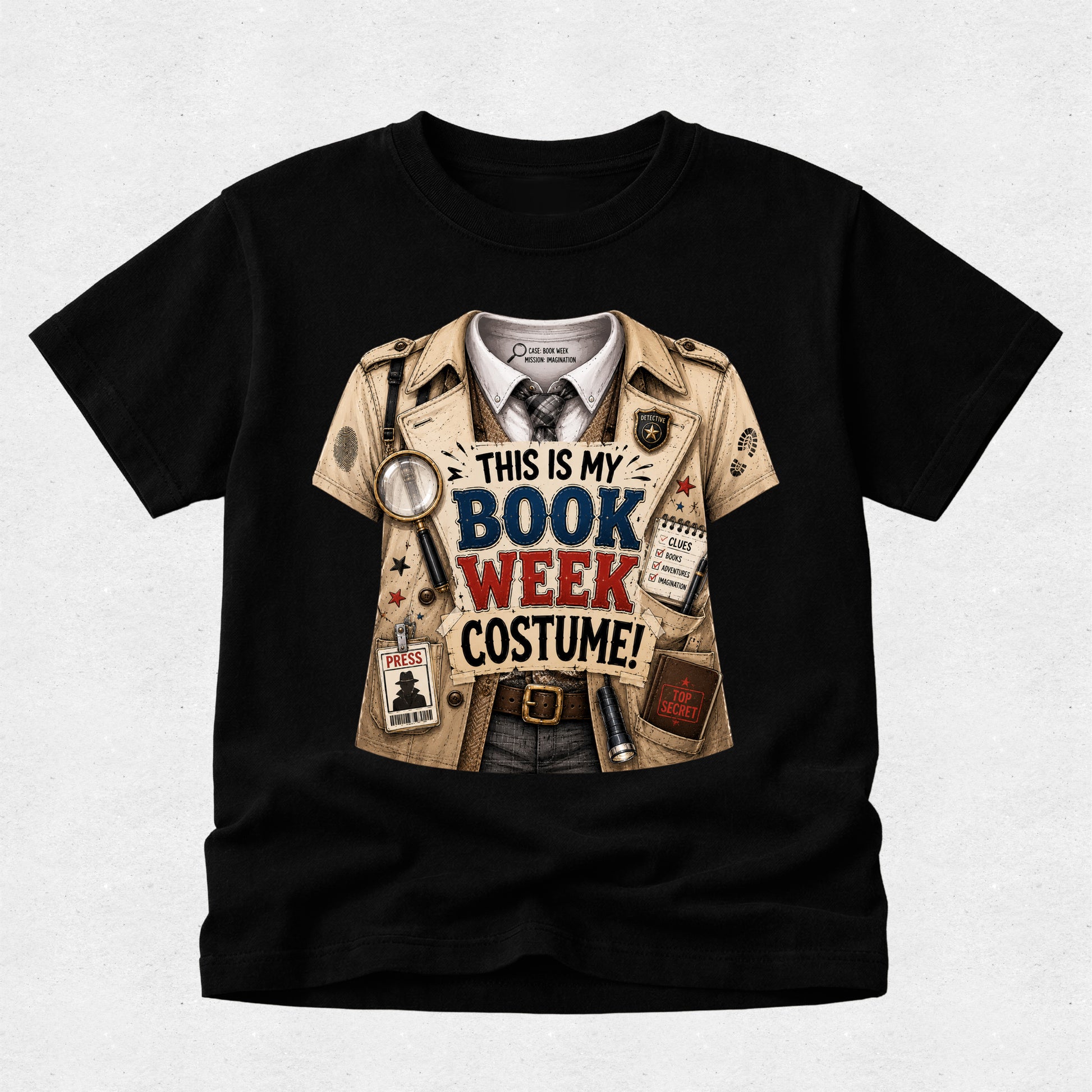 A black short-sleeve crewneck t-shirt featuring a graphic print of a detective's costume vest with the text 'THIS IS MY BOOK WEEK COSTUME!' in blue and red lettering.