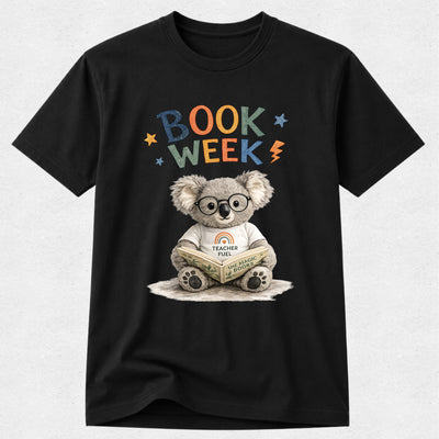 A black short-sleeve crewneck t-shirt featuring a colorful graphic of a cartoon koala wearing glasses and a white 'Teacher Co.' t-shirt, reading a book.