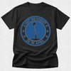 Black t-shirt with blue 'Lest We Forget' design on a white background