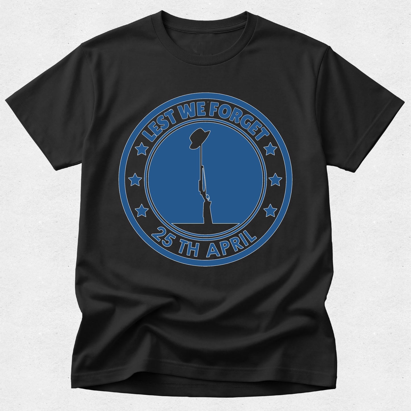 Black t-shirt with blue 'Lest We Forget' design on a white background