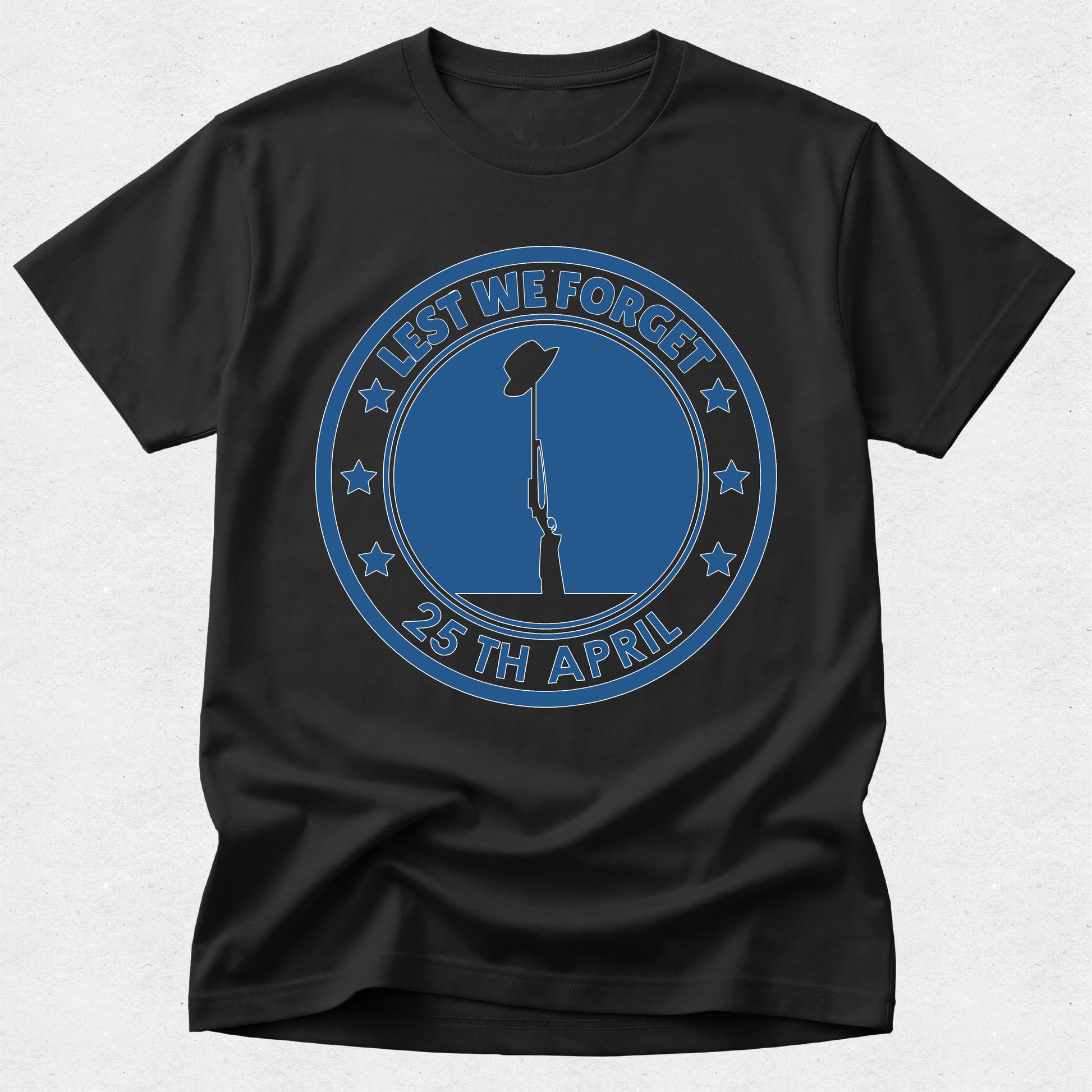 Black t-shirt with blue 'Lest We Forget' design on a white background