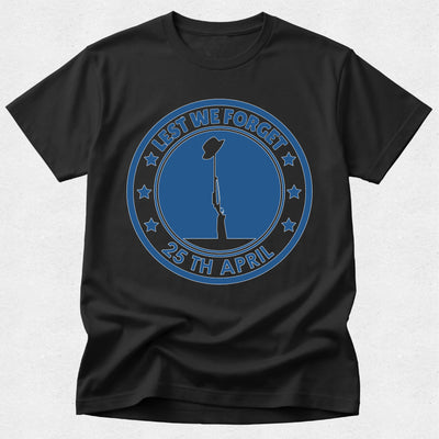 Black t-shirt with blue 'Lest We Forget' design on a white background