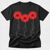 Black t-shirt with red poppies and 'Lest We Forget' text on a white background