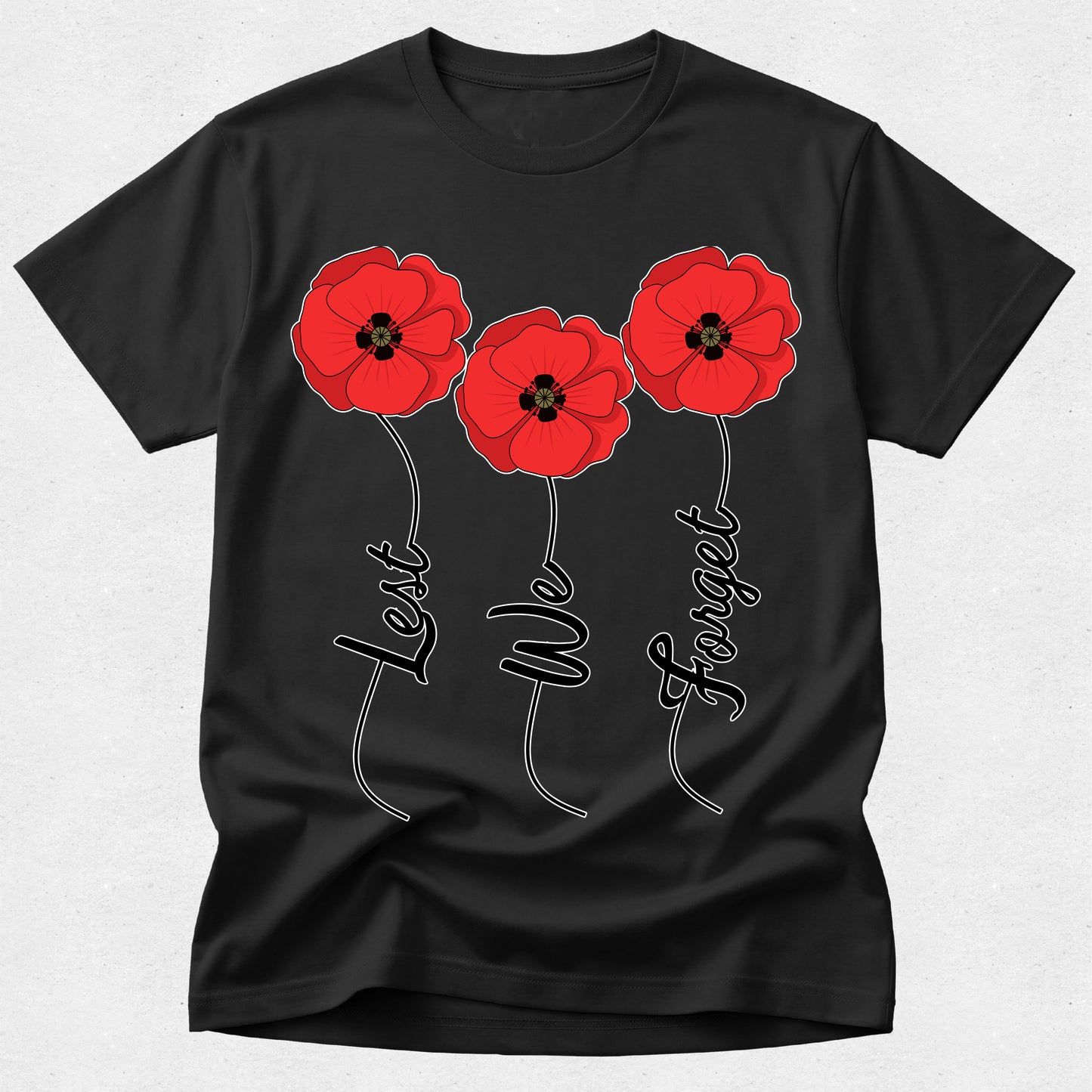 Black t-shirt with red poppies and 'Lest We Forget' text on a white background