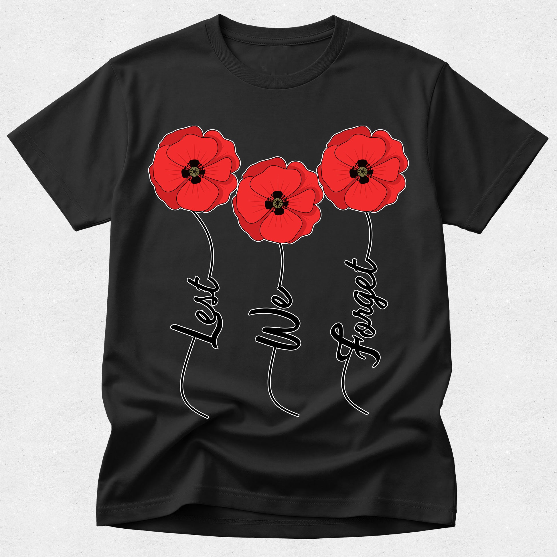 Black t-shirt with red poppies and 'Lest We Forget' text on a white background