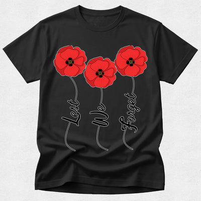 Black t-shirt with red poppies and 'Lest We Forget' text on a white background