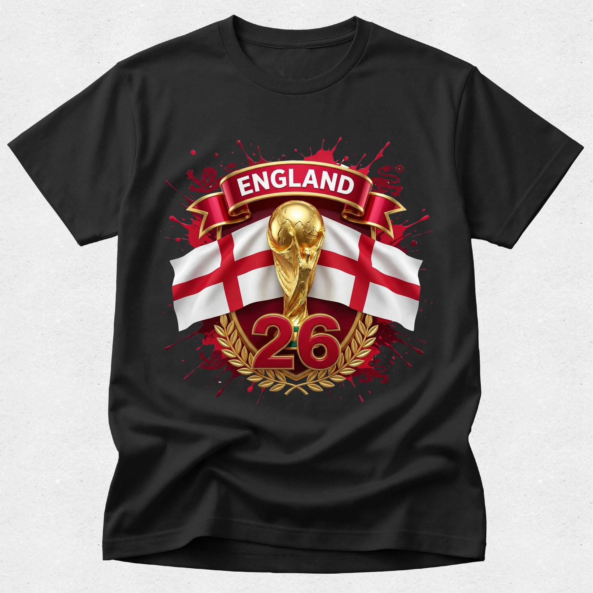 Black t-shirt with England-themed design featuring a trophy, flag, and number 26 on a white background.