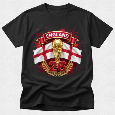 Black t-shirt with England-themed design featuring a trophy, flag, and number 26 on a white background.