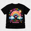 A black short-sleeve t-shirt with a colorful graphic on the front featuring a rainbow, clouds, hearts, a smiling sun, and the text 'HAPPY 100TH DAY OF PREP'.