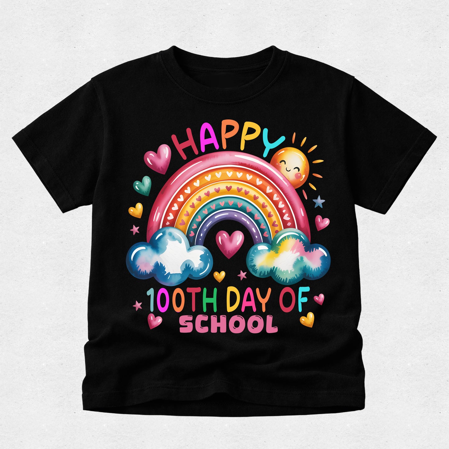 A black short-sleeve t-shirt with a colorful graphic on the front featuring a rainbow, clouds, hearts, a smiling sun, and the text 'HAPPY 100TH DAY OF PREP'.