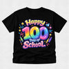 A black short-sleeve t-shirt with a colorful 'Happy 100 Day of School' graphic on the front, displayed against a light gray textured background.