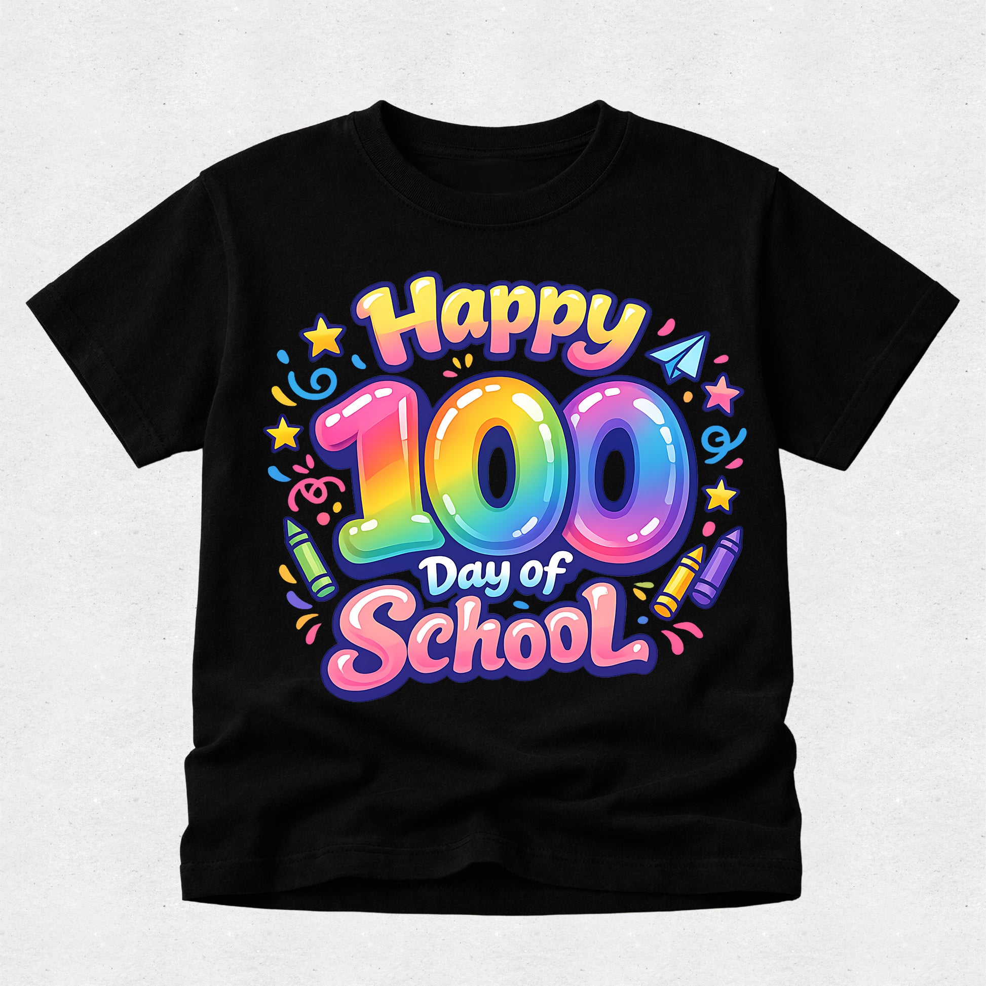 A black short-sleeve t-shirt with a colorful 'Happy 100 Day of School' graphic on the front, displayed against a light gray textured background.