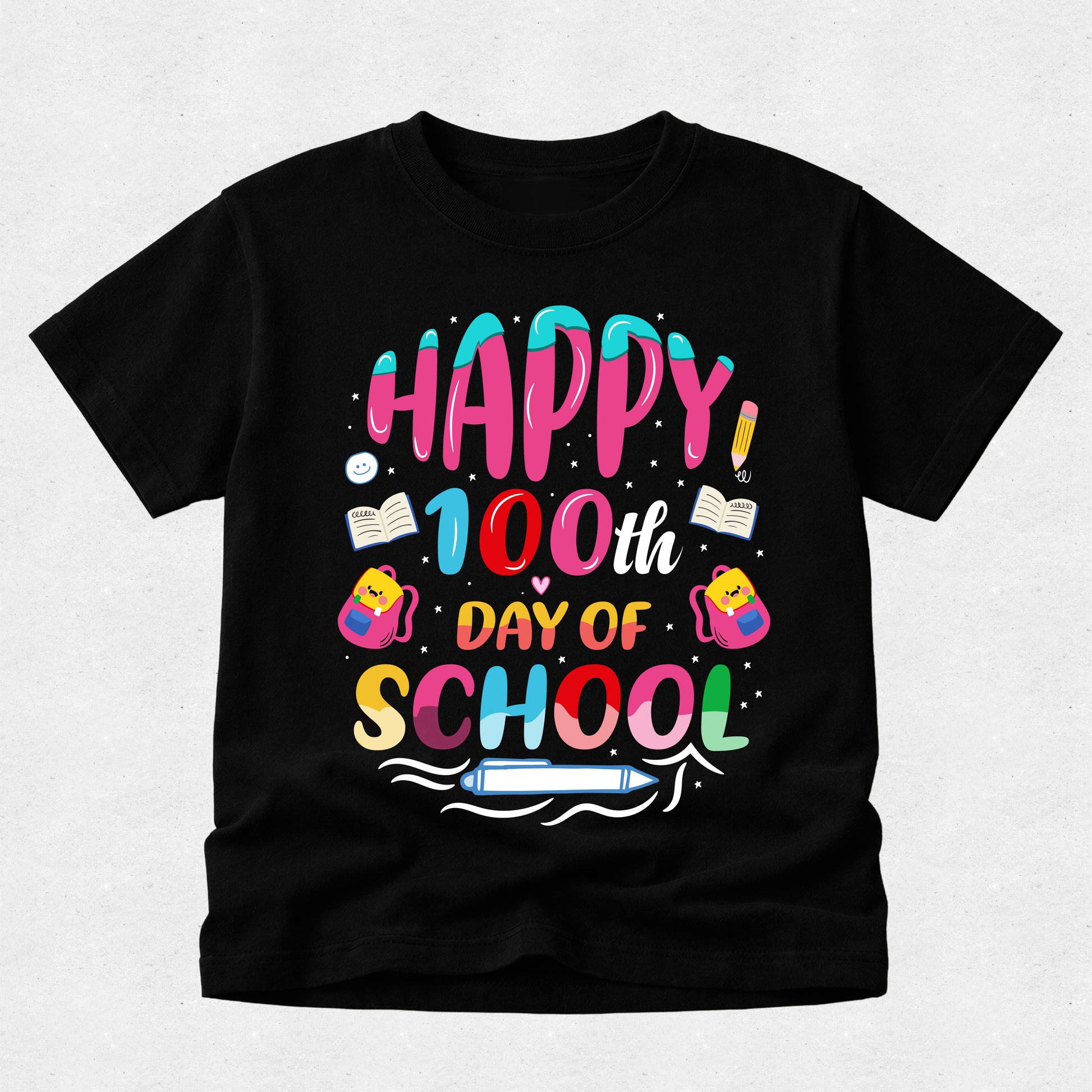 A black short-sleeve t-shirt with a colorful 'HAPPY 100th DAY OF SCHOOL' graphic print on the front, displayed against a light gray textured background.