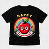 A black short-sleeve kids' t-shirt featuring a colorful graphic of a smiling red apple with a rainbow background and the text 'HAPPY 100 DAYS OF SCHOOL'.