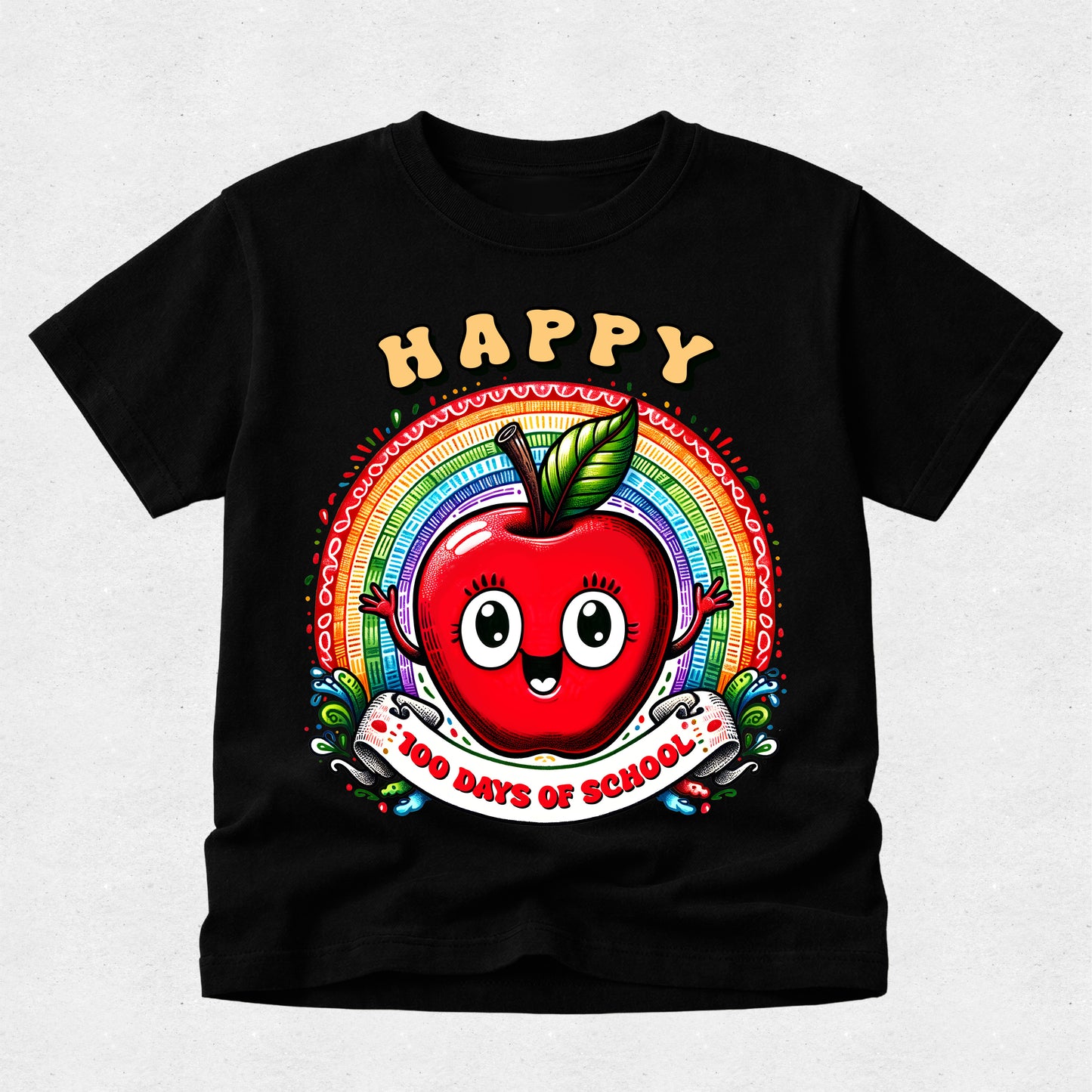 A black short-sleeve kids' t-shirt featuring a colorful graphic of a smiling red apple with a rainbow background and the text 'HAPPY 100 DAYS OF SCHOOL'.