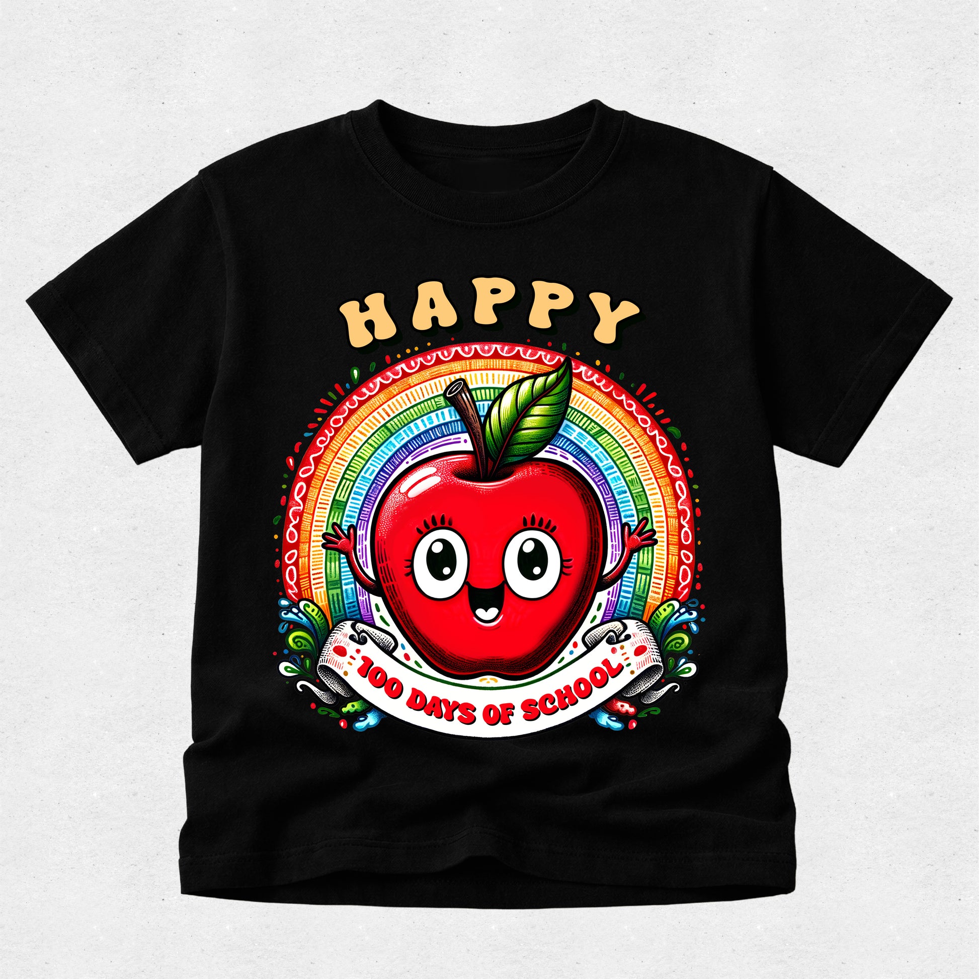 A black short-sleeve kids' t-shirt featuring a colorful graphic of a smiling red apple with a rainbow background and the text 'HAPPY 100 DAYS OF SCHOOL'.