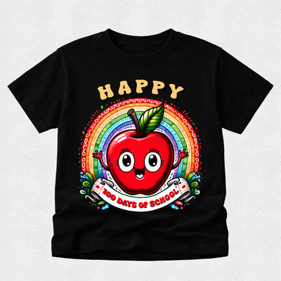 A black short-sleeve kids' t-shirt featuring a colorful graphic of a smiling red apple with a rainbow background and the text 'HAPPY 100 DAYS OF SCHOOL'.