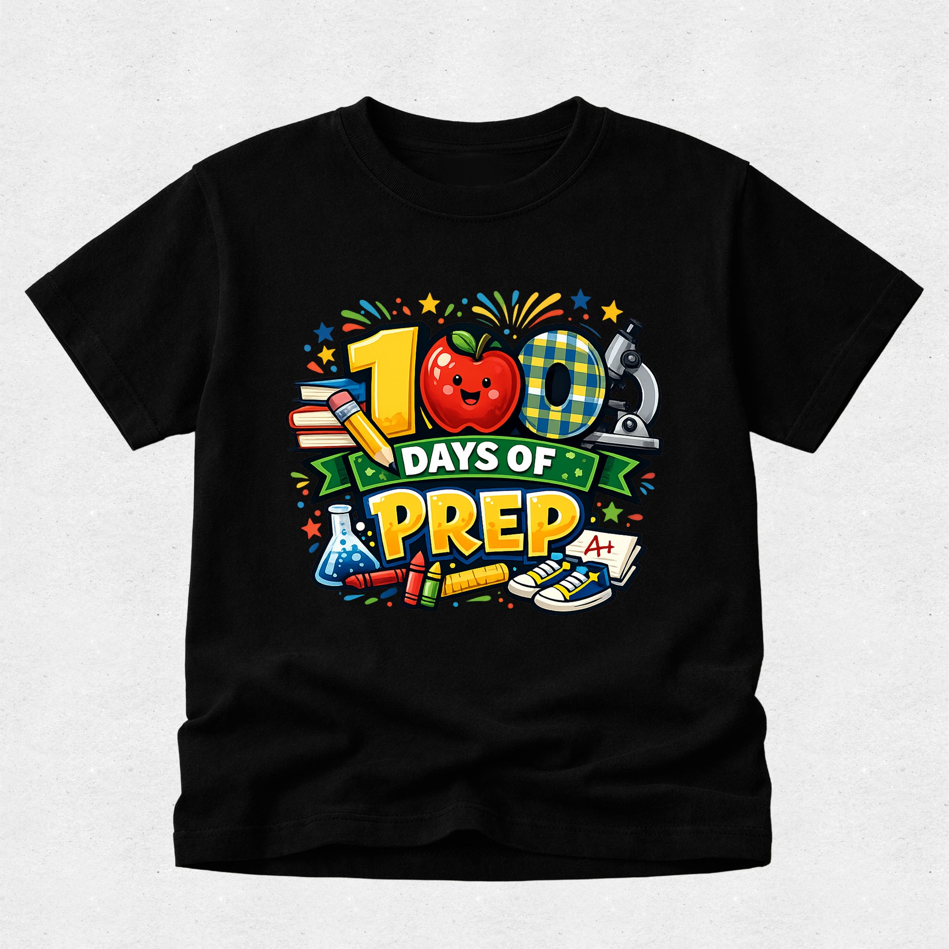 Black t-shirt with colorful '100 Days of Prep' design featuring an apple, books, and a science beaker on a light gray background.
