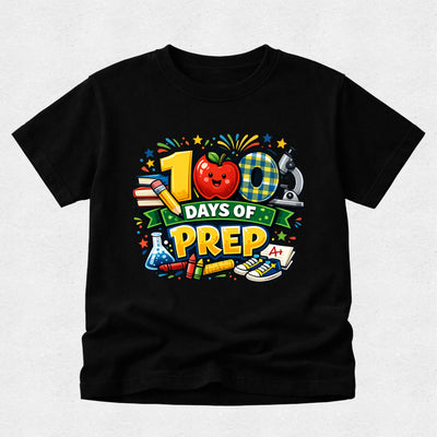 Black t-shirt with colorful '100 Days of Prep' design featuring an apple, books, and a science beaker on a light gray background.