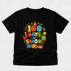 Black t-shirt with colorful '100 Days of School' design on a light gray background