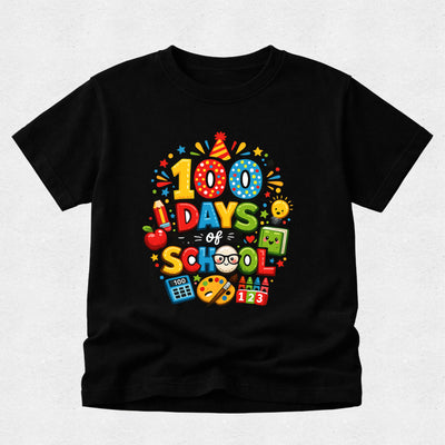 Black t-shirt with colorful '100 Days of School' design on a light gray background