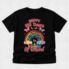 A black short-sleeve t-shirt with a colorful graphic on the front that reads 'Happy 100 Days Of School' above and below a rainbow made of crayons, with butterflies around it, shown on a light gray background.