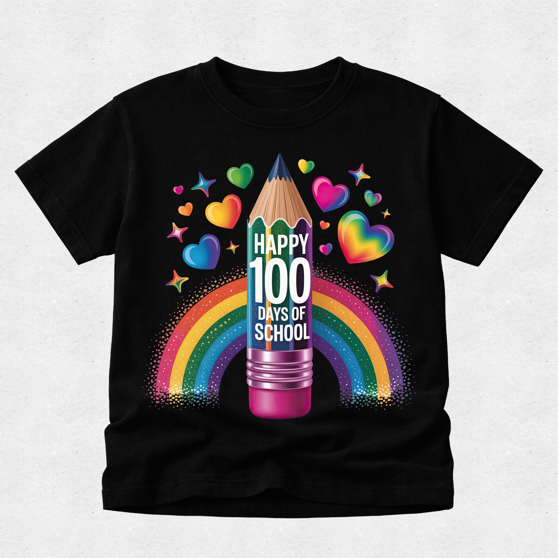 A black short-sleeve t-shirt with a colorful graphic of a pencil, rainbow, stars, and hearts, featuring the text 'HAPPY 100 DAYS OF SCHOOL'.