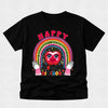 A black short-sleeve t-shirt with a colorful graphic on the front featuring a smiling red apple, a rainbow, and the text 'HAPPY 100 DAYS OF SCHOOL' with white hands holding the design.