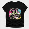 Black t-shirt with '30 & Thriving' design on a light gray background