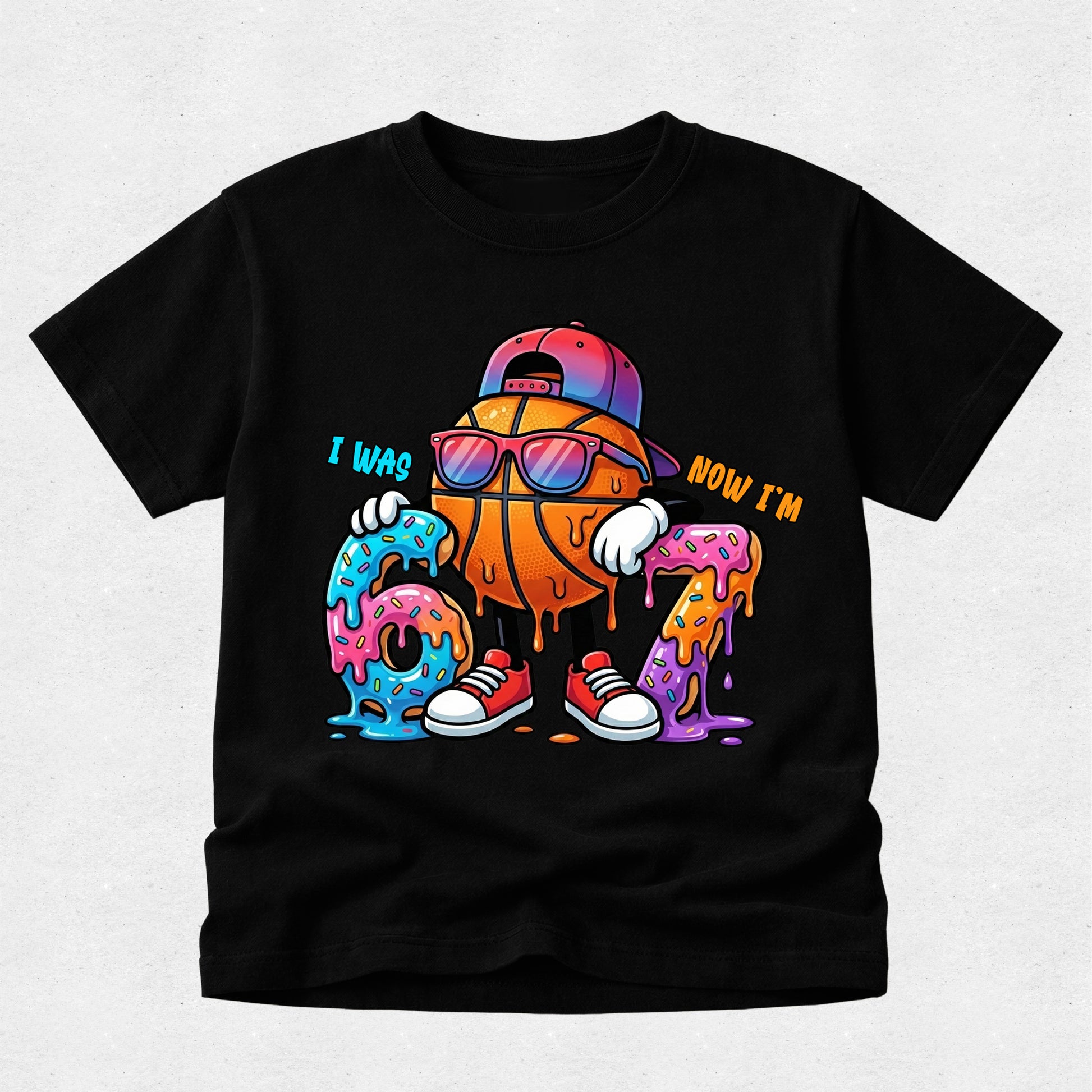 boys black tshirt  7th birthday tshirt featuring I was 6 now I'm 7 basketball graphic