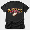 Black t-shirt with 'Queensland Maroons' and a rugby ball graphic on a white background