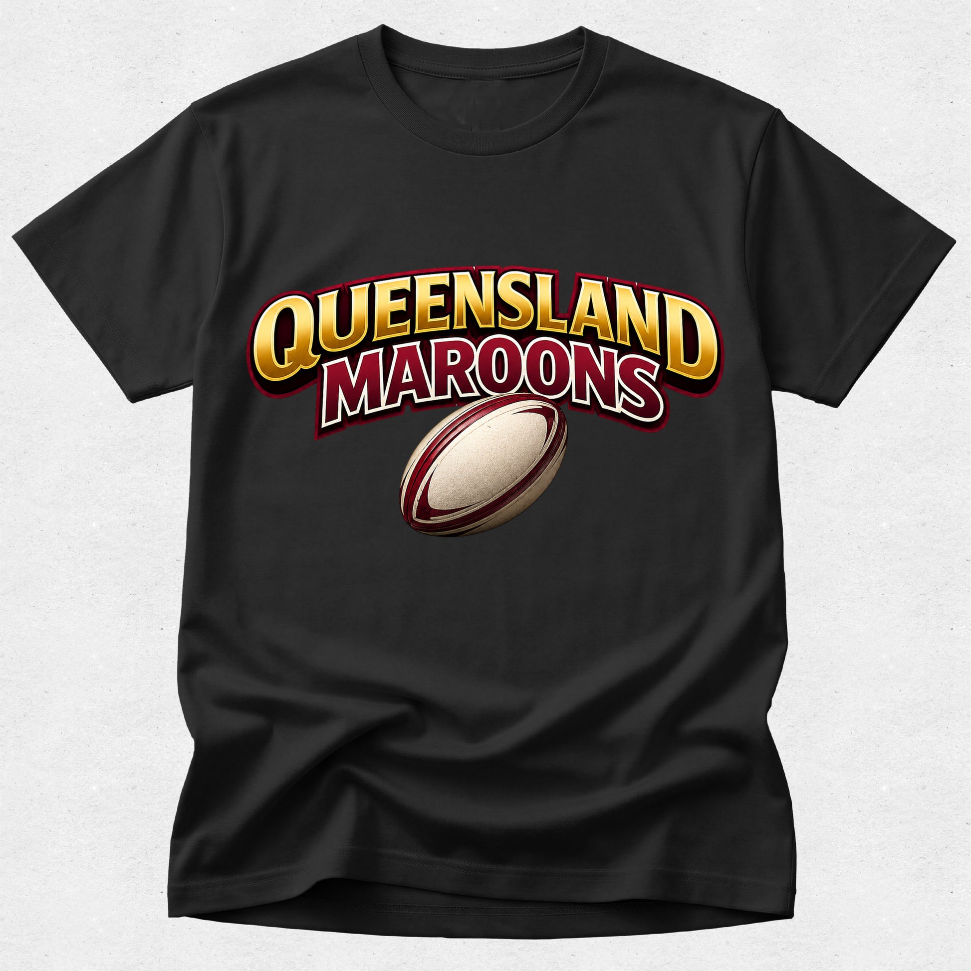 Black t-shirt with 'Queensland Maroons' and a rugby ball graphic on a white background